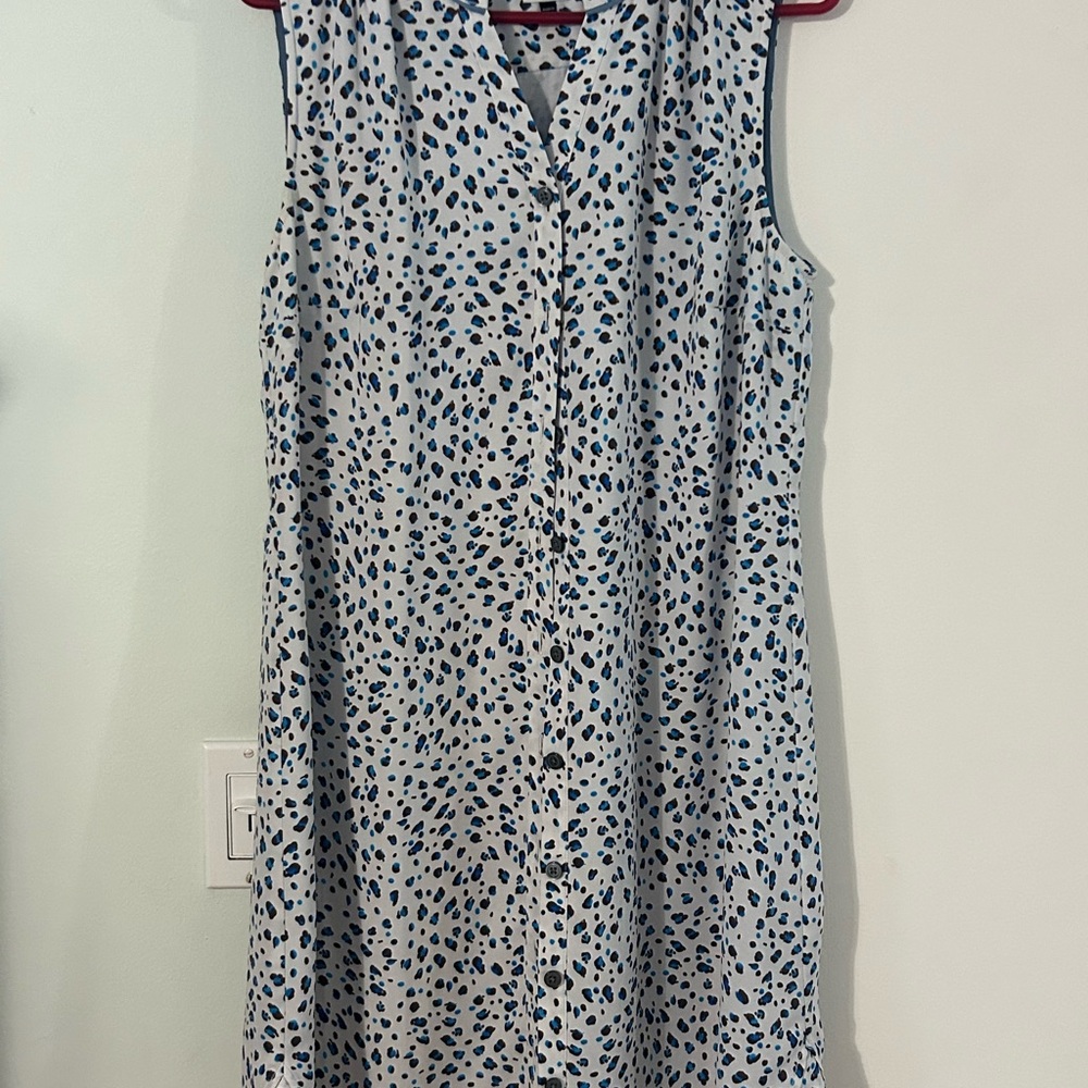 CAbi Camilla Blue and White Patterned Midi ShirtDress